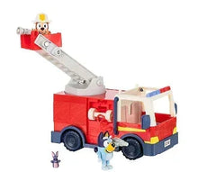 Red Bluey firetruck toy with raised ladder and figures in cab, plus character accessory