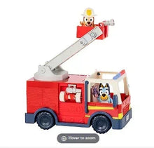 Red and blue Bluey firetruck toy with extendable ladder and cabin with character figures