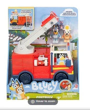 Bluey firetruck toy set in box, red truck with extended ladder and character figures