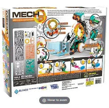 Mechanical robot coding kit box back with tools list and assembly step diagram
