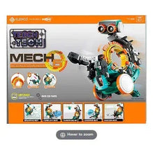 Mechanical robot coding kit box with Teach Mech-5 robot graphic and step icons