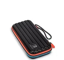 Zippered slim game case, black with orange-red edge and teal trim, carry cord