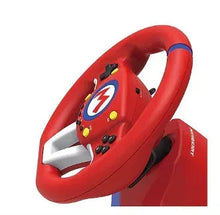 Red mini racing wheel with central M lightning logo and side button controls