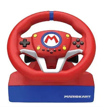 Red steering wheel controller with central M logo, side buttons, and two control grips