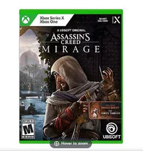 Assassin's Creed Mirage game case cover with hooded character and Xbox Series X/One logo
