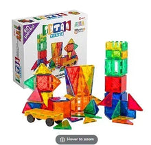 Magnetic learning tiles building set with colorful pieces and wheeled car, in box
