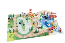 Wooden train set with colorful tracks, trains, and playmat for kids