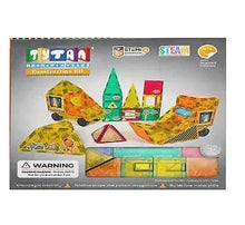 Magnetic construction tiles set box with yellow, green, and red pieces and trucks