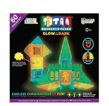 Glow-dark magnetic tiles building set box with 60 pieces and UV keychain flashlight