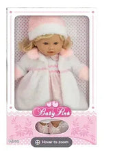 Baby doll in baby pink hooded coat and pink dress, curled in packaging window