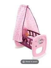 Smoby baby nurse cradle with pink dotted canopy and wooden rocking frame