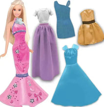 Fashion doll dress assortment: pink gown, purple skirt set, and blue dresses