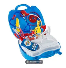 Toy pretend doctor kit with blue carrying case and white medical tools play set