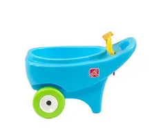 Blue plastic wheelbarrow with green wheel and yellow handle