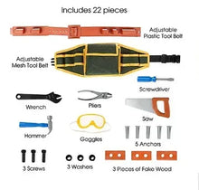 Kids tool set with mesh tool belt and toy tools like wrench, pliers, hammer, goggles