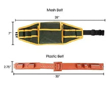 Adjustable mesh tool belt with orange plastic belt, shown with measurements