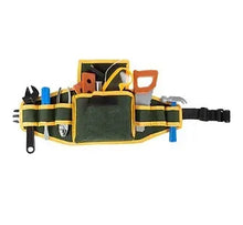 Kids mesh tool belt with orange plastic belt and assorted toy tools