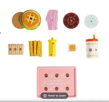 Playset pieces: burger, fries, drink cup, and burger tray with accessory toppers