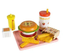 Kids fast-food cheeseburger playset with burger, fries, drink cup, and serving tray