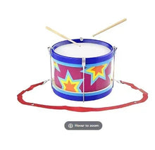 Blue double-sided toy drum with colorful graphics, two drum sticks, and red strap