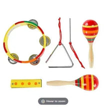 Toy percussion instrument set with tambourine, maracas, drum, harmonica, and triangle pieces