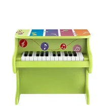 Green 25-key toy piano with keyboard and colorful note buttons on the front