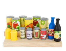 Pretend-play food set containers and bottles on wooden tray, assorted fruit designs