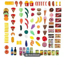 Pretend-play food set assortments on card: fruits, snacks, and miniature bottles