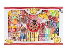 Pretend-play food set in box with colorful toy snacks, jars, and bottles