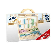 Wooden Nordic-style toolbox playset with open storage tray and colorful tools