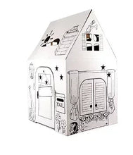 Cardboard clubhouse playhouse tent shape with front door, shutters, and stars, line art
