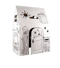Cardboard playhouse clubhouse with door, mail slot, and window cutouts, line art