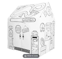 Cardboard garage playhouse with doors and tools printed on white panels