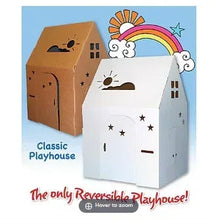 Cardboard playhouse with rainbow, sun and star drawings, white front and brown side panels