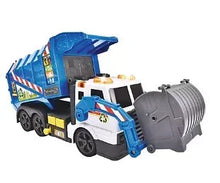 Blue toy cargo truck with front loader and gray rotating dump bin