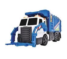 Blue and white toy cargo truck with open front loader and dump bin
