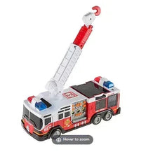 Toy fire truck with extending ladder, blue lights and red siren details