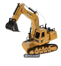 Yellow remote-control excavator bucket truck toy with articulated arm and tracks