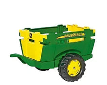 John Deere farm trailer accessory, green and yellow dump trailer with wheel