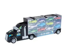 Toy semi-truck car carrier with cab, blue side panels, and multiple car compartments