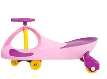 Pink ride-on car side view with purple seat, handlebars, and yellow wheels