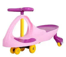 Pink ride-on car with purple seat, purple handle, and yellow wheels