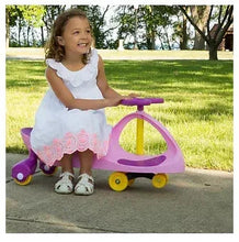 Pink and purple ride-on wiggle car with yellow wheels and purple front