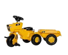 Yellow three-wheel pedal tractor with black seat and steering wheel