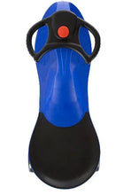 Front steering wheel of blue toy ride-on car scooter with black handles and red button