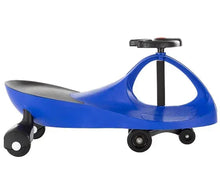 Blue toy ride-on car scooter with curved body, black seat, and small front wheels