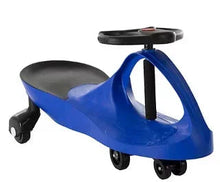 Blue toy ride-on car scooter with black seat and four caster wheels