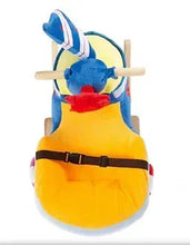 Yellow rocking boat ride-on toy with blue harness and plush sailor figure, belt strap