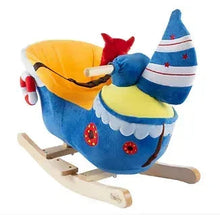 Blue rocking boat ride-on toy with yellow seat and plush sailor figure, red hat