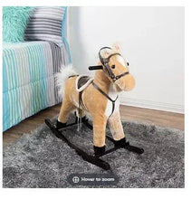 Plush tan rocking horse ride-on with reins and curved black base, standing